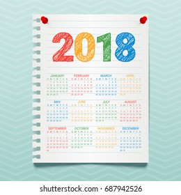 Vector Calendar for 2018 Year hanging on a blue office wall. Hand drawn colorful text. Modern Creative Design Print Template. Notebook paper sheet. Corporate business layout. Week starts from Sunday