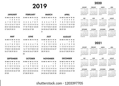 Vector Calendar For 2019 2020 2021 Year. Week Starts Sunday