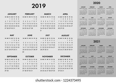 Vector calendar for 2019 2020 2021 year. Week starts sunday