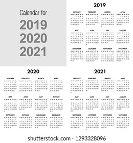 Vector calendar for 2019 2020 2021 year. Week starts Sunday