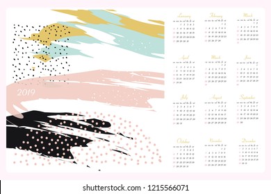 Vector calendar for 2019. All 12 months. Week Starts Sunday. Calendar for 2019 vector template with abstract art pattern.