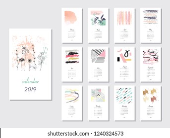 Vector calendar for 2019. All 12 months. Week Starts Sunday. Calendar for 2019 vector template with abstract art pattern.