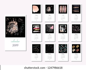 Vector calendar for 2019. All 12 months. Week Starts Sunday. Calendar for 2019 vector template with abstract art pattern.