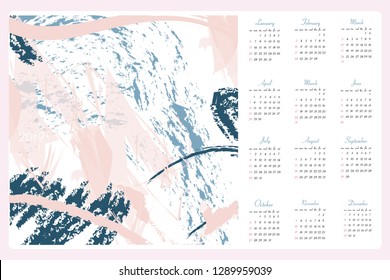 Vector calendar for 2019. All 12 months. Week Starts Sunday. Calendar for 2019 vector template with abstract art pattern.