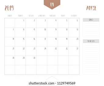 Vector of calendar 2019 ( April ) in simple clean table style with goals and to do list box; full size 21 x 16 cm; Week start on Sunday