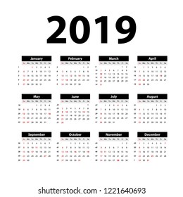vector Calendar 2019. black. Week starts on Sunday. English calender. New year. Color simple design art