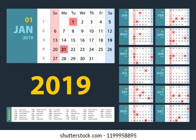 vector Calendar 2019. blue set. Week starts on Sunday. Basic grid art