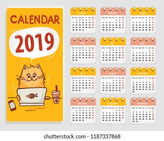 Vector Calendar 2019 with cute cat, All Elements Are In Separate Layers And Grouped, Easy To Edit.