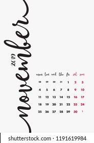 Vector Calendar 2019 Design. Page 11 of 12 - November 2019. 12 Months Pages Set.  Diary Organizer Page. Vector and Editable Planner Template A4 size.