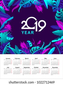 Calendario vectorial 2019 con plantas exóticas y hojas tropicales