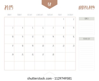 Vector of calendar 2019 ( February ) in simple clean table style with goals and to do list box; full size 21 x 16 cm; Week start on Sunday