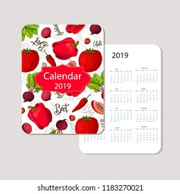 Vector calendar 2019. Hand drawn sketch food vegetables. Basic grids template