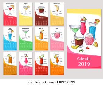 Vector calendar 2019. Hand drawn sketch cocktail. Basic grids template