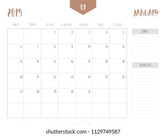 Vector of calendar 2019 ( January ) in simple clean table style with goals and to do list box; full size 21 x 16 cm; Week start on Sunday