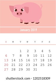 Vector calendar 2019 month card pig concept