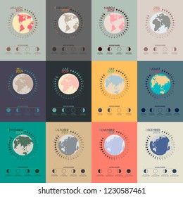 Vector Calendar 2019 with Moon Phases. Circle Design. Set of 12 Posters