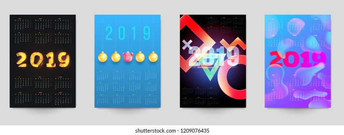 Vector calendar of 2019 new year. Set of colorful design templates in minimal style for corporate branding, cover, poster.