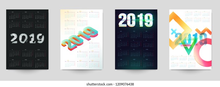 Vector calendar of 2019 new year. Set of colorful design templates in minimal style for corporate branding, cover, poster.