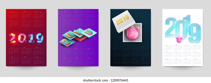 Vector calendar of 2019 new year. Set of colorful design templates in minimal style for corporate branding, cover, poster.
