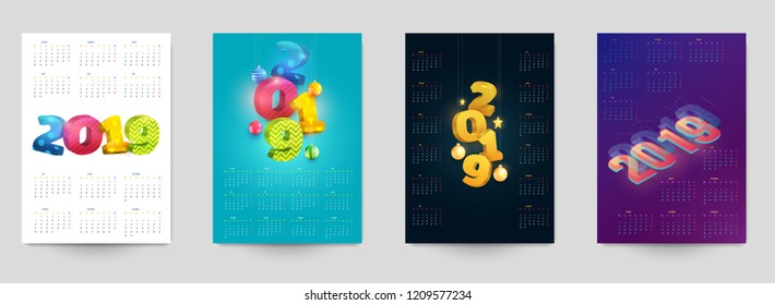 Vector calendar of 2019 new year. Set of colorful design templates in minimal style for corporate branding, cover, poster.