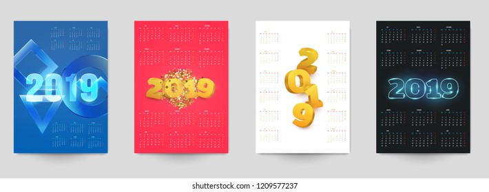 Vector calendar of 2019 new year. Set of colorful design templates in minimal style for corporate branding, cover, poster.