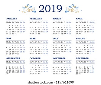 Vector calendar for 2019 on white background. Floral decor. Template with week starts Monday. 