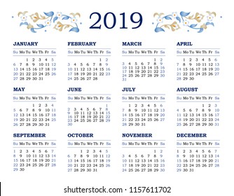 Vector calendar for 2019 on white background. Floral decor. Template with week starts Sunday.