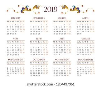 Vector calendar for 2019 on white background. Eastern floral decor. Template with week starts Monday. 