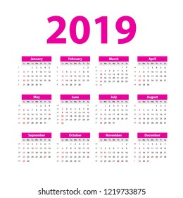 vector Calendar 2019. pink. Week starts on Sunday. English calender. New year. Color simple design art