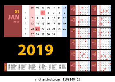 vector Calendar 2019. red set. Week starts on Sunday. Basic grid art