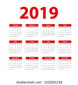 vector Calendar 2019. red. Week starts on Sunday. English calender. New year. Color simple design art