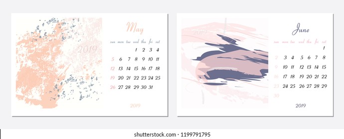 Vector calendar for 2019. Set of 2 months, 2 Hand drawn textures. Week Starts Sunday. Calendar for 2019 vector template with abstract art pattern.