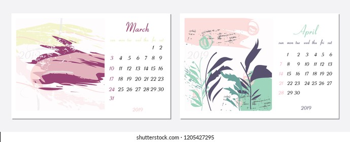 Vector calendar for 2019. Set of 2 months, 2 Hand drawn textures. Week Starts Sunday. Calendar for 2019 vector template with abstract art pattern.