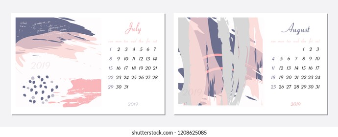 Vector calendar for 2019. Set of 2 months, 2 Hand drawn textures. Week Starts Sunday. Calendar for 2019 vector template with abstract art pattern.