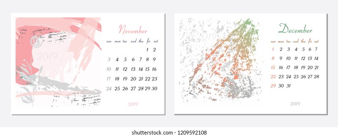 Vector calendar for 2019. Set of 2 months, 2 Hand drawn textures. Week Starts Sunday. Calendar for 2019 vector template with abstract art pattern.