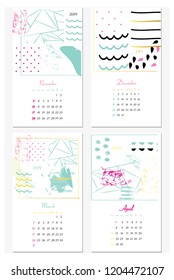 Vector calendar for 2019. Set of 4 months, 4 Hand drawn textures. Week Starts Sunday. Calendar for 2019 vector template with abstract art pattern.