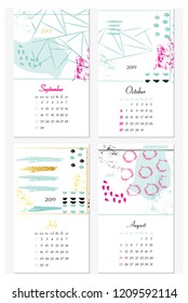 Vector calendar for 2019. Set of 4 months, 4 Hand drawn textures. Week Starts Sunday. Calendar for 2019 vector template with abstract art pattern.