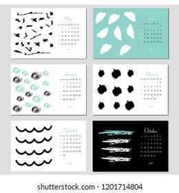 Vector calendar for 2019. Set of 6 months, 6 Hand drawn textures. Week Starts Sunday. Calendar for 2019 vector template with abstract art pattern.