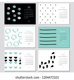 Vector calendar for 2019. Set of 6 months, 6 Hand drawn textures. Week Starts Sunday. Calendar for 2019 vector template with abstract art pattern.
