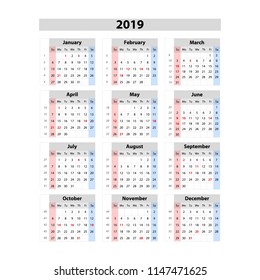 vector calendar 2019, Week starts from Sunday, business template art
