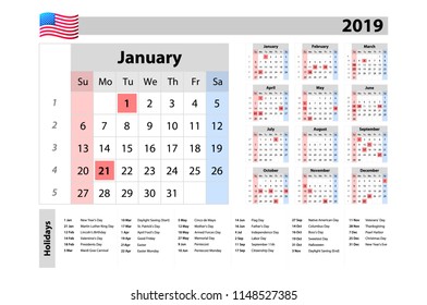 vector calendar 2019, Week starts from Sunday, business template art