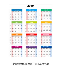 vector calendar 2019, Week starts from Sunday, business template art