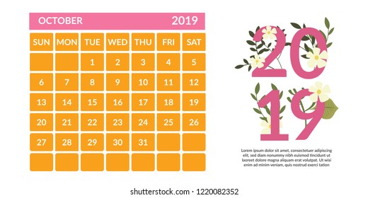 vector Calendar 2019.  Week starts on Sunday. English calender. Happy  New year