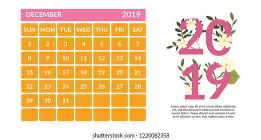 vector Calendar 2019.  Week starts on Sunday. English calender. Happy  New year
