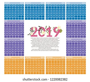 vector Calendar 2019.  Week starts on Sunday. English calender. Happy  New year