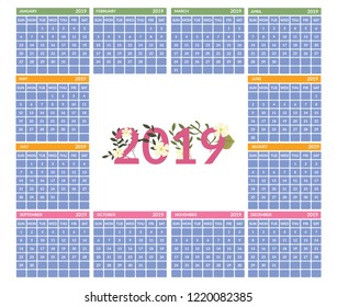 vector Calendar 2019.  Week starts on Sunday. English calender. Happy  New year