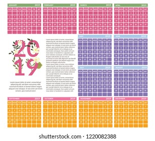 vector Calendar 2019.  Week starts on Sunday. English calender. Happy  New year