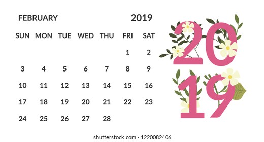 vector Calendar 2019.  Week starts on Sunday. English calender. Happy  New year
