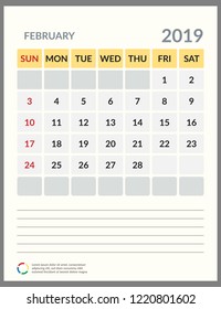Vektorillustration Kalender 2019. Die Woche beginnt am Sonntag. Englischer Kalender. Frohes neues Jahr