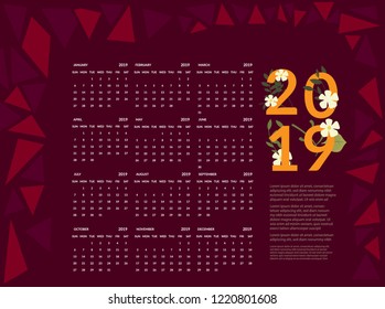vector Calendar 2019.  Week starts on Sunday. English calendar. Happy  New year
